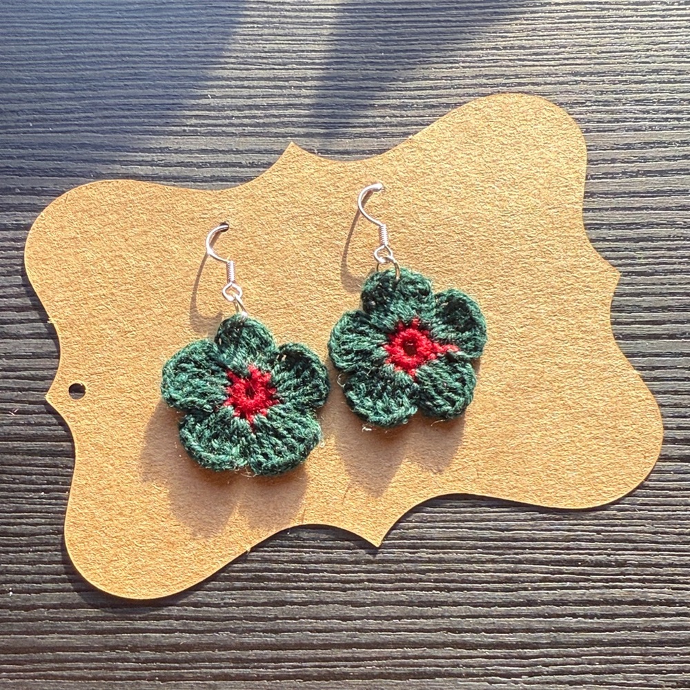 Handmade Green and Red Christmas Flower Earrings
